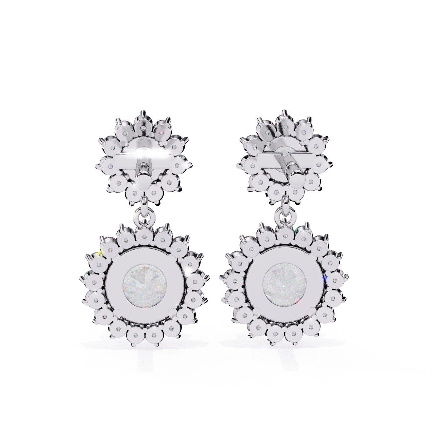  Elegant white-gold earrings with a delicate floral pattern and a sparkling centerpiece.