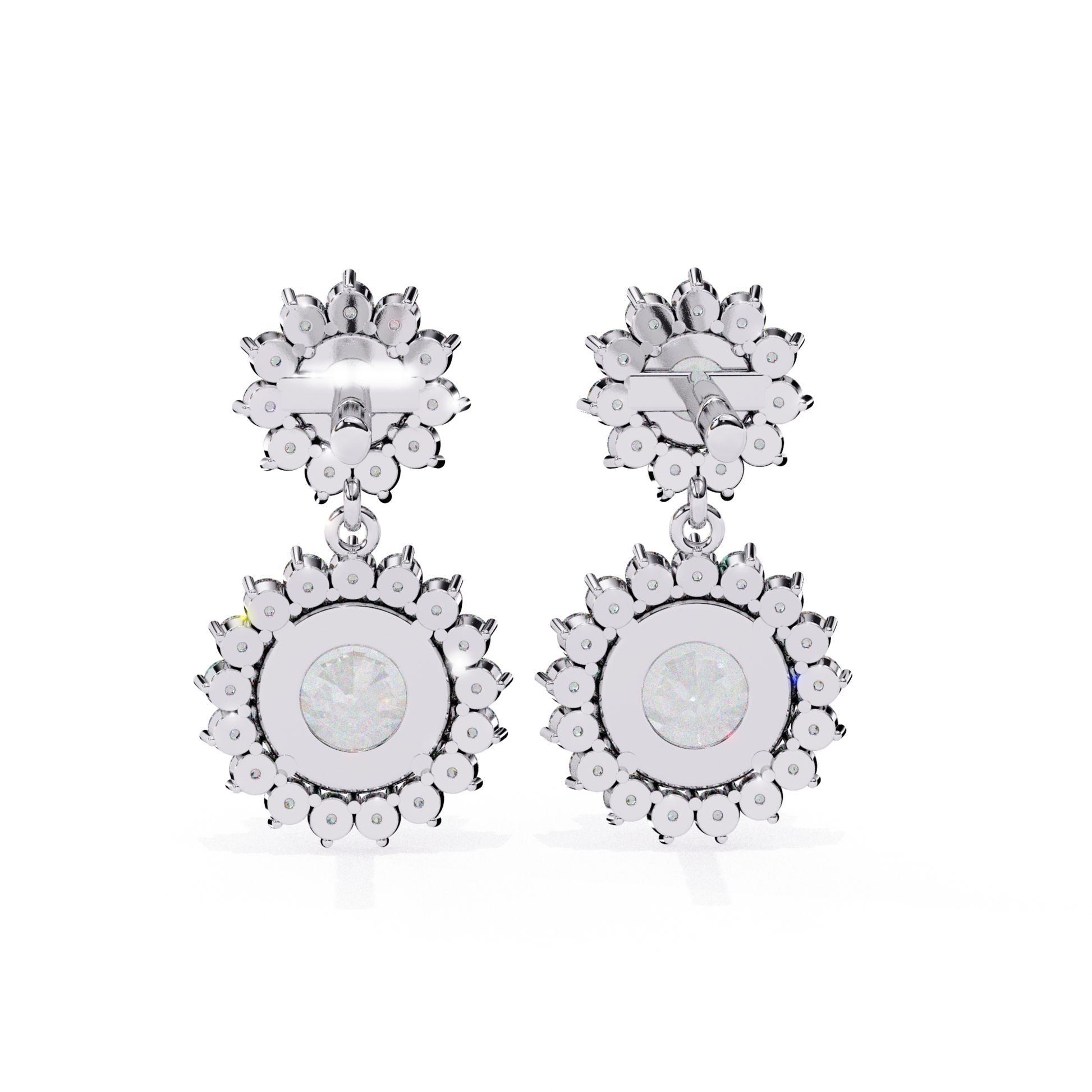  Elegant white-gold earrings with a delicate floral pattern and a sparkling centerpiece.