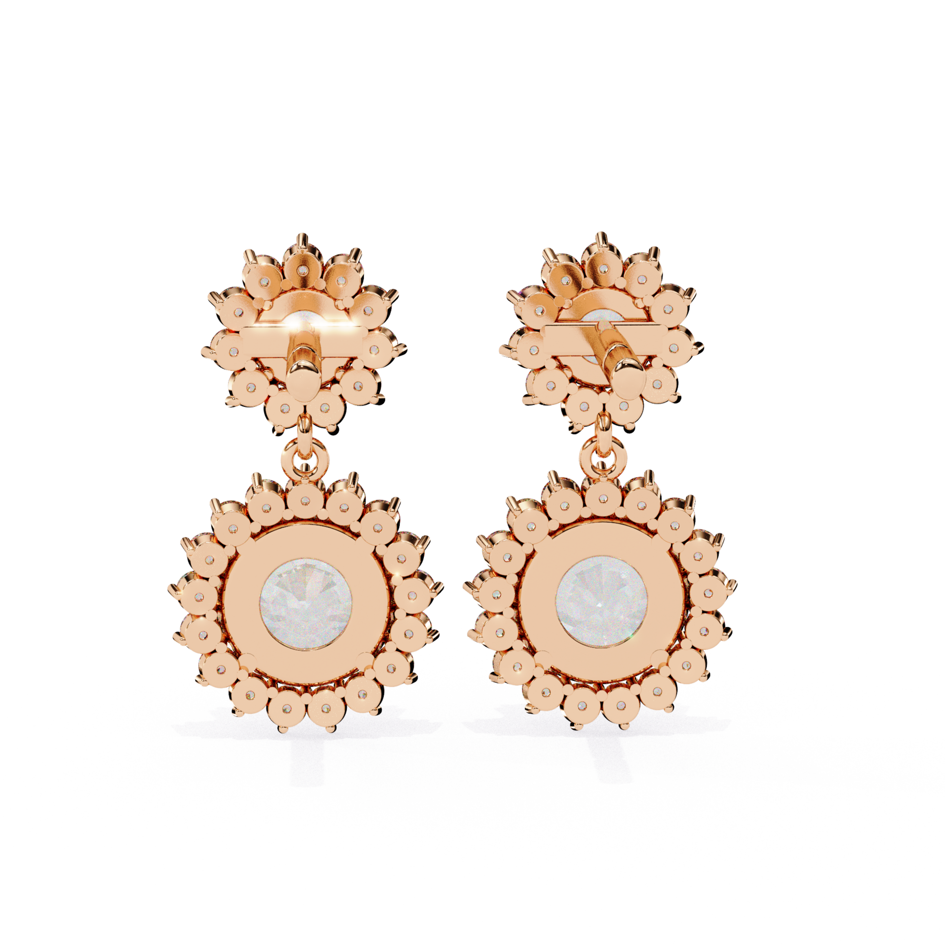 Stunning rose-gold earrings in a floral drop style, featuring a bright center stone.