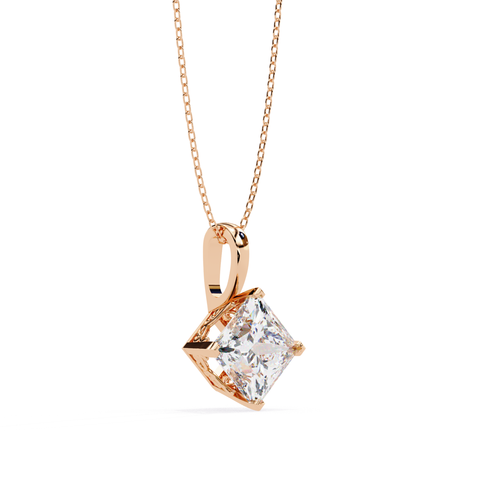 Rose gold diamond angle view with pendent chain