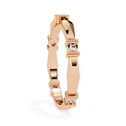Rose gold band with square and round diamonds arranged in a unique angular design