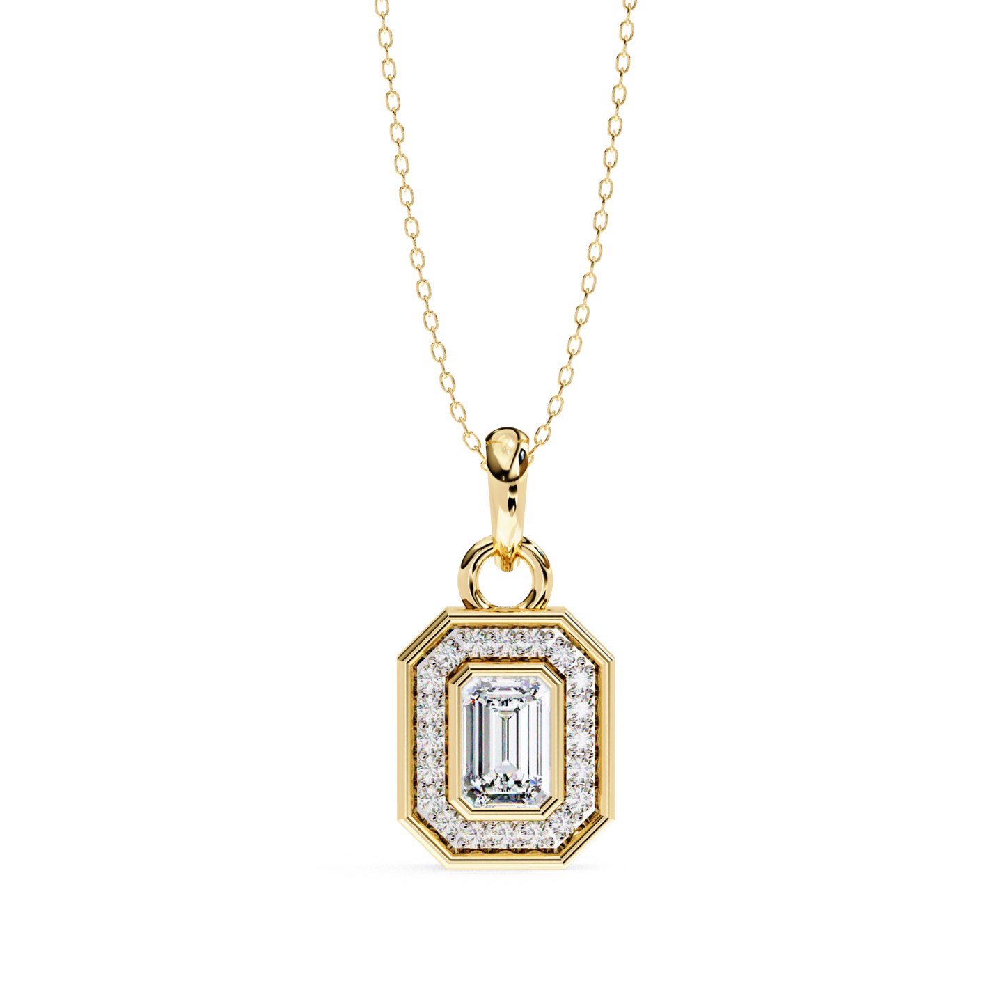 Rose gold chain necklace with a rectangular diamond pendant featuring an emerald-cut center stone.
