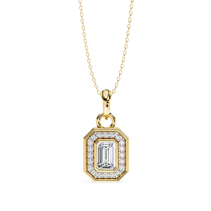 Rose gold chain necklace with a rectangular diamond pendant featuring an emerald-cut center stone.