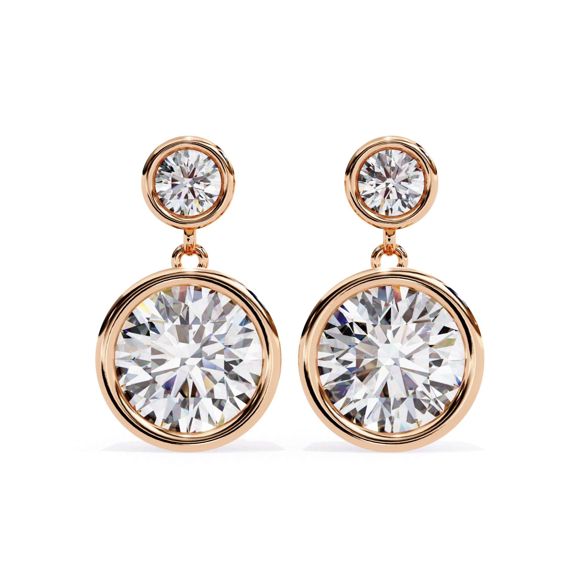Charming rose gold drop earrings featuring round-cut diamonds in a two-tiered design, combining elegance and modern beauty.