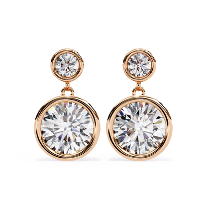 Charming rose gold drop earrings featuring round-cut diamonds in a two-tiered design, combining elegance and modern beauty.