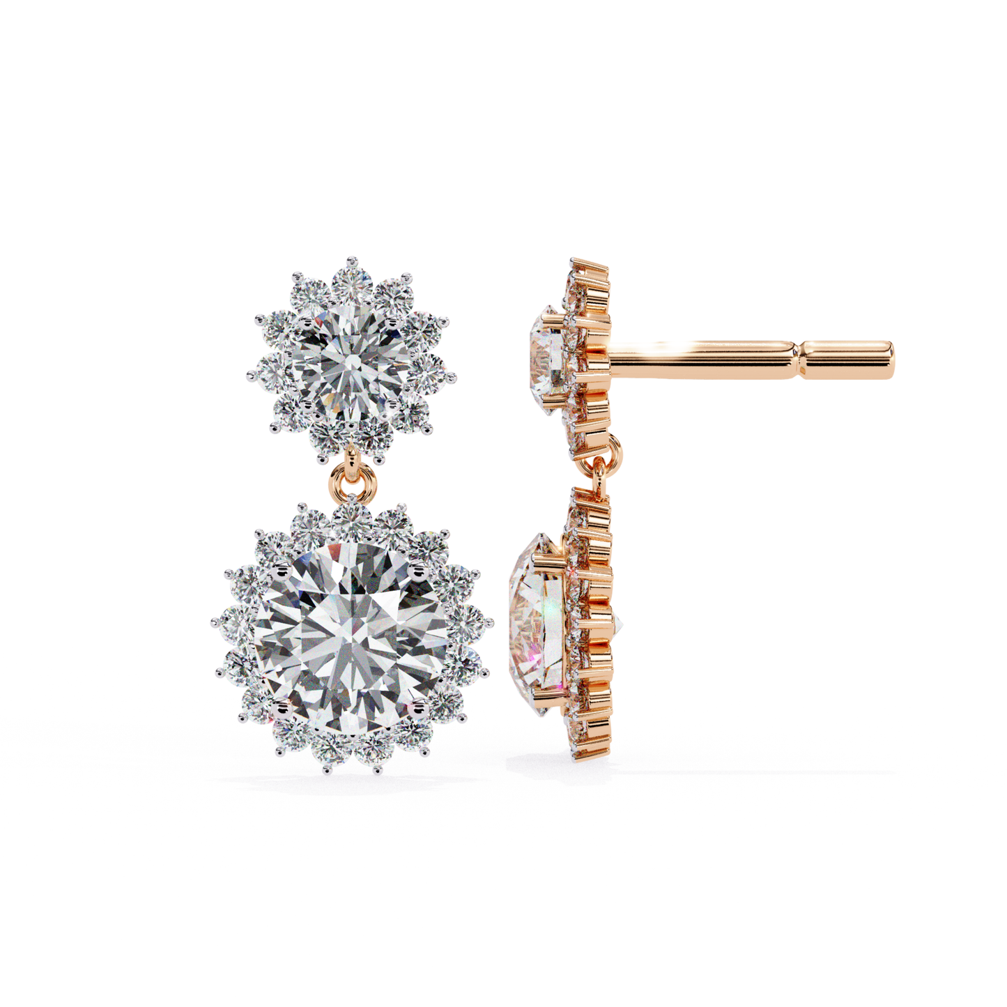 Charming rose gold drop earrings showcasing a large round-cut diamond, encircled by a delicate halo of smaller diamonds for a luxurious, refined look.