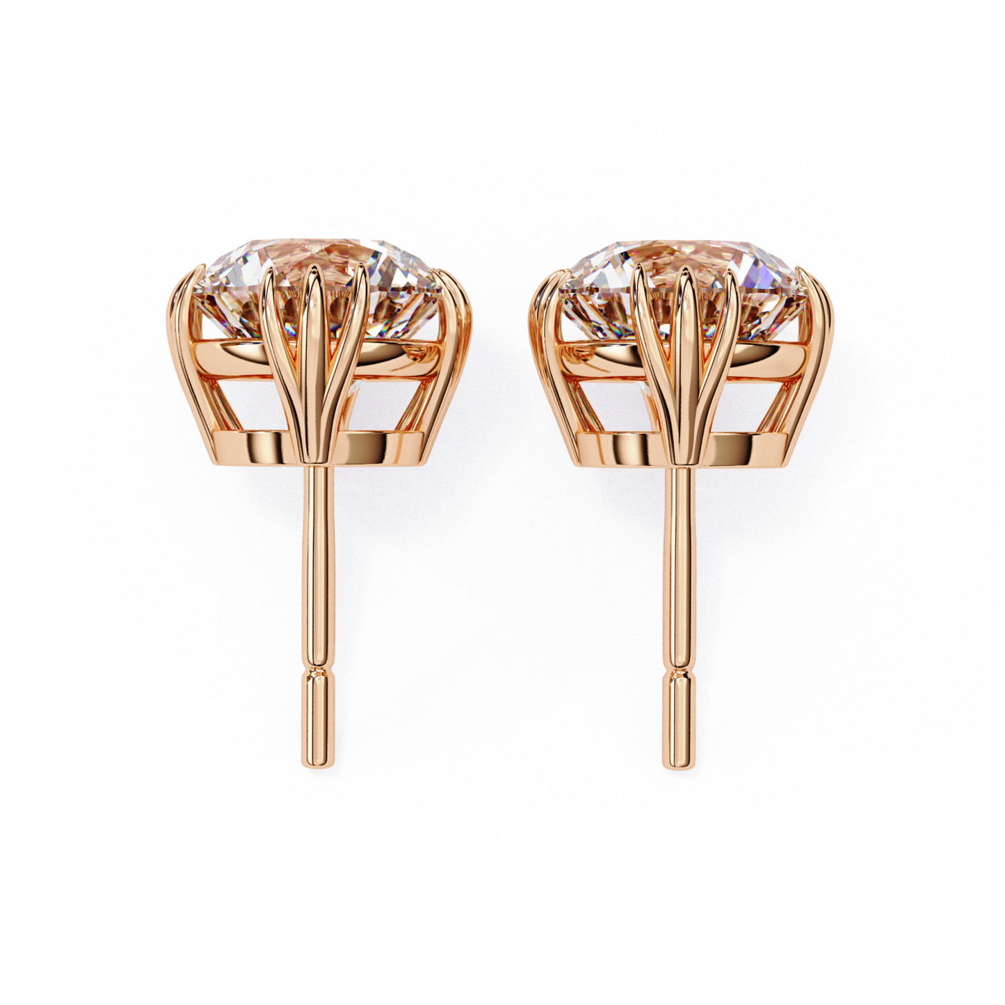 Beautiful rose gold diamond earrings featuring a crown setting, with sparkling diamonds securely held in place for a luxurious look.