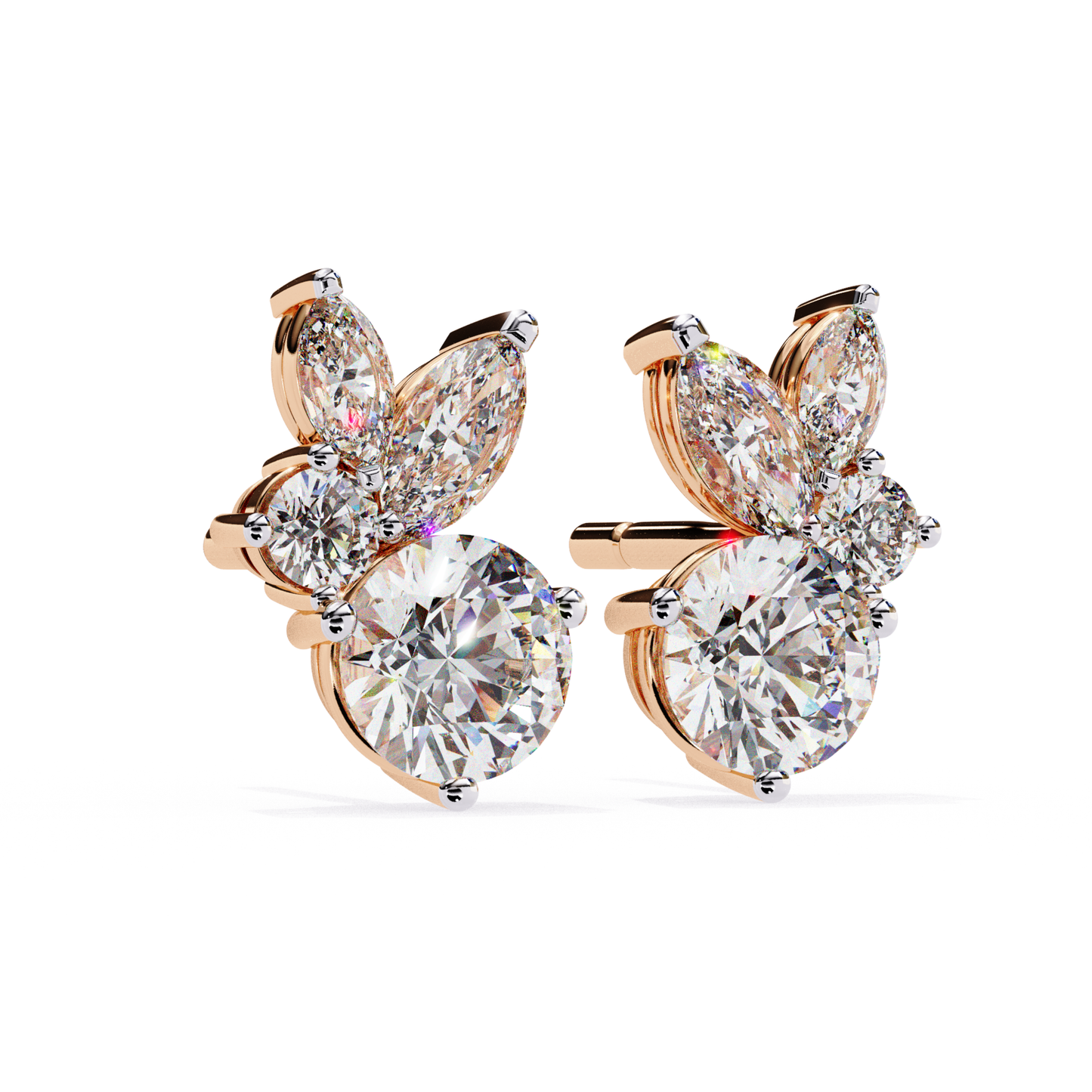 Charming rose gold stud earrings featuring a stunning round diamond, complemented by marquise and pear-shaped diamonds arranged in a graceful floral pattern for a refined, luxurious look.