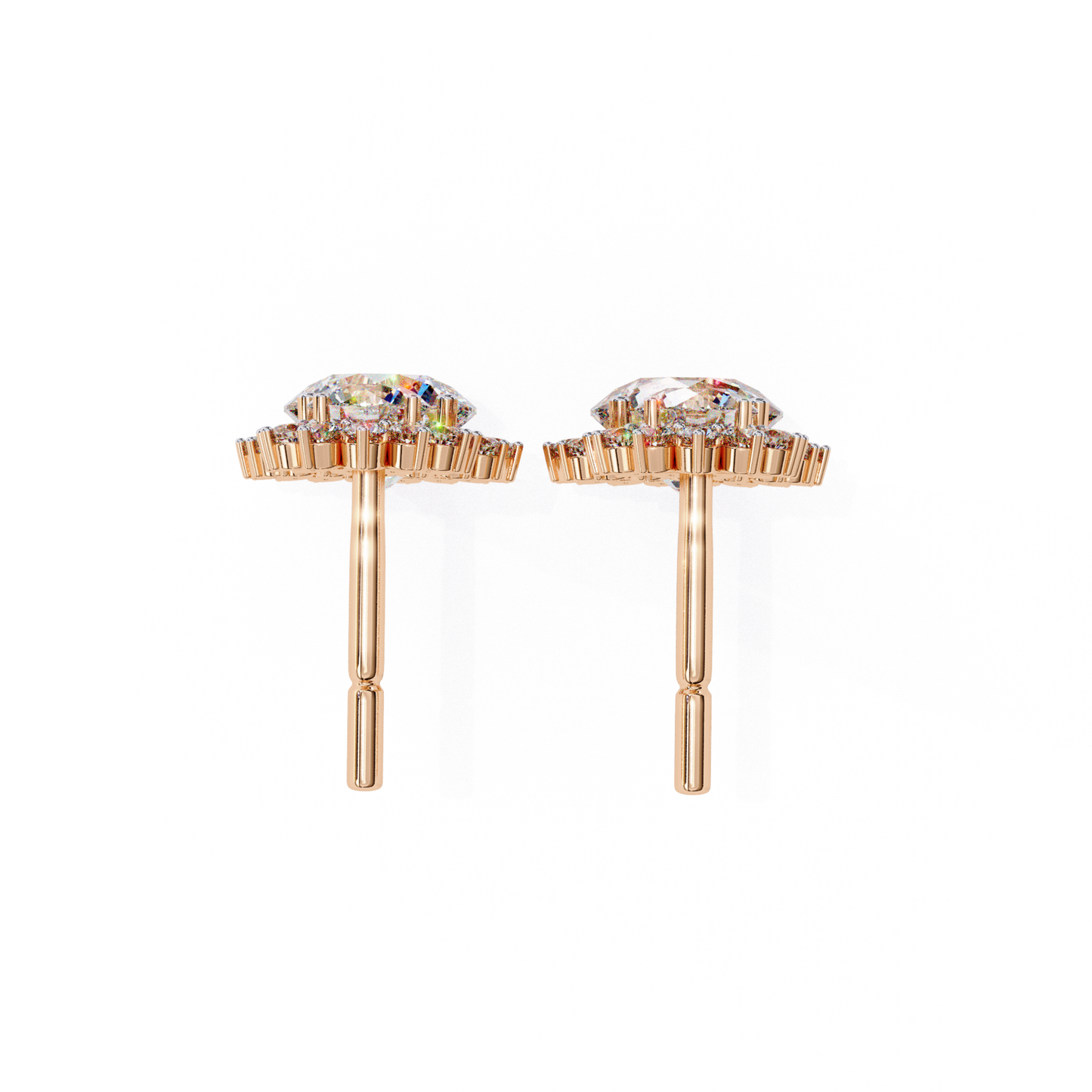 Beautiful rose-gold stud earrings adorned with a shimmering diamond halo.