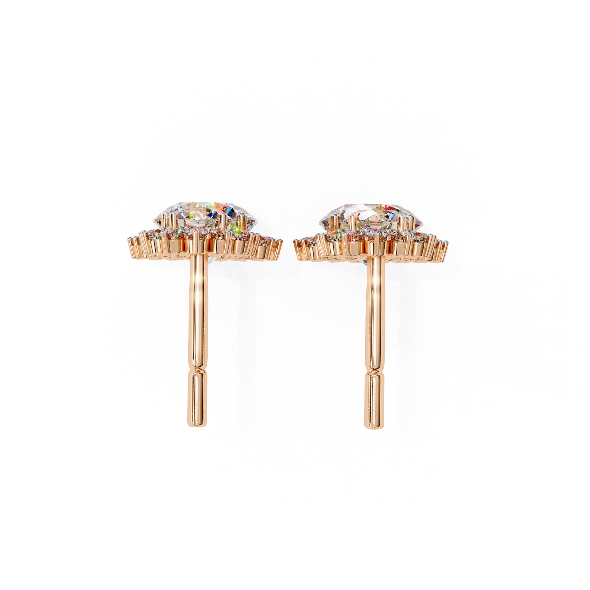 Beautiful rose-gold stud earrings adorned with a shimmering diamond halo.