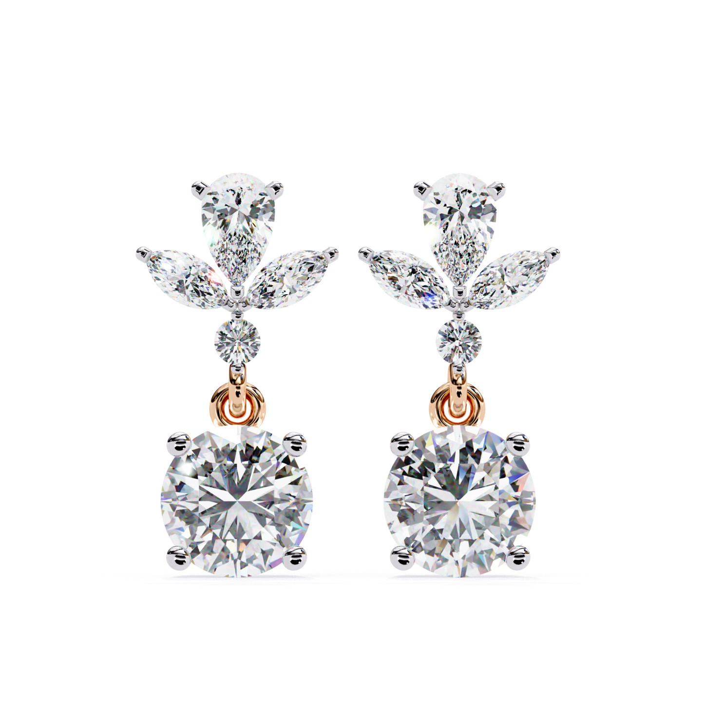 Exquisite rose gold drop earrings with a captivating round diamond at the base, accented by pear and marquise diamonds above, exuding luxury and refinement in every angle.
