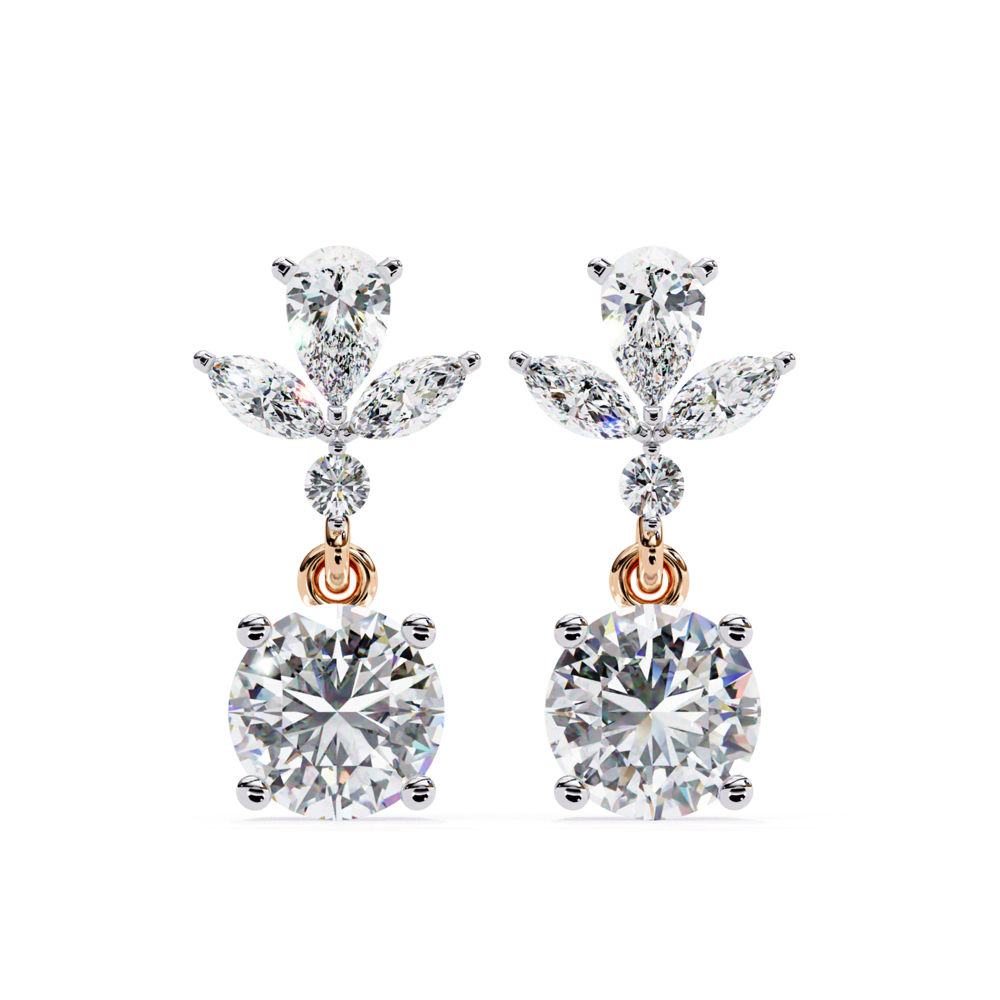 Exquisite rose gold drop earrings with a captivating round diamond at the base, accented by pear and marquise diamonds above, exuding luxury and refinement in every angle.