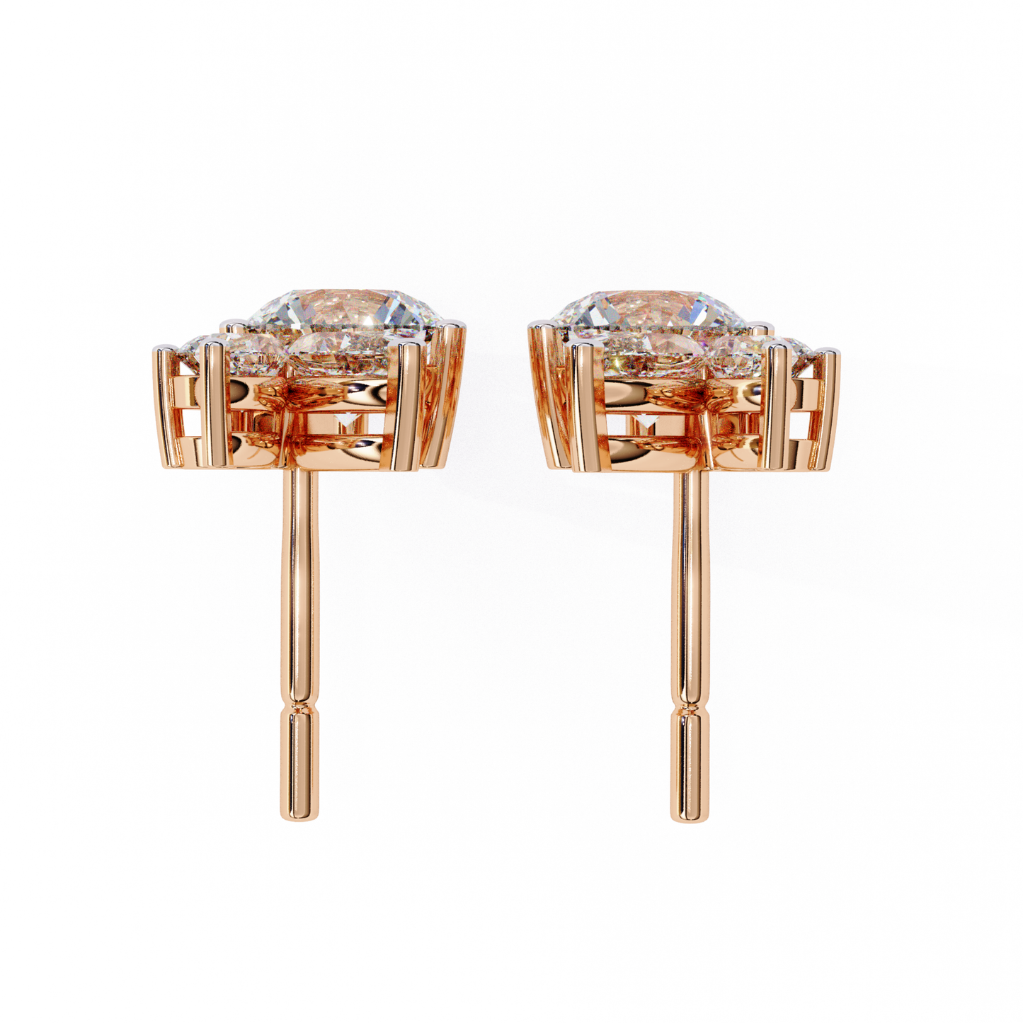 Beautiful rose gold pave stud earrings with a brilliant round diamond at the center, surrounded by smaller diamonds for a glamorous and refined look.