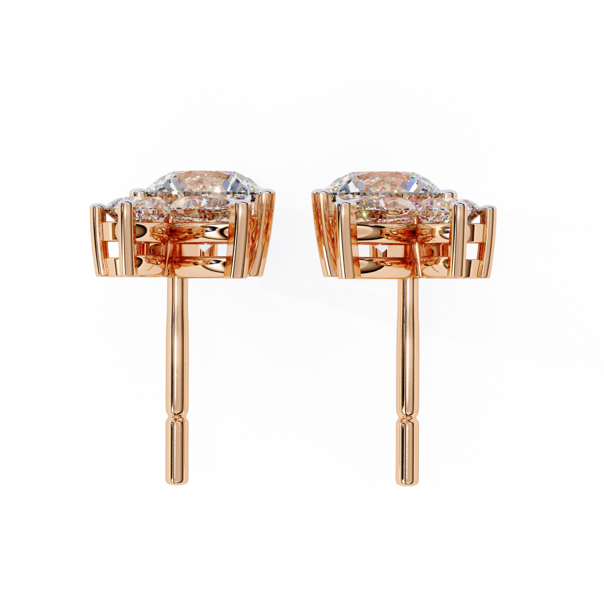 Beautiful rose gold pave stud earrings with a brilliant round diamond at the center, surrounded by smaller diamonds for a glamorous and refined look.
