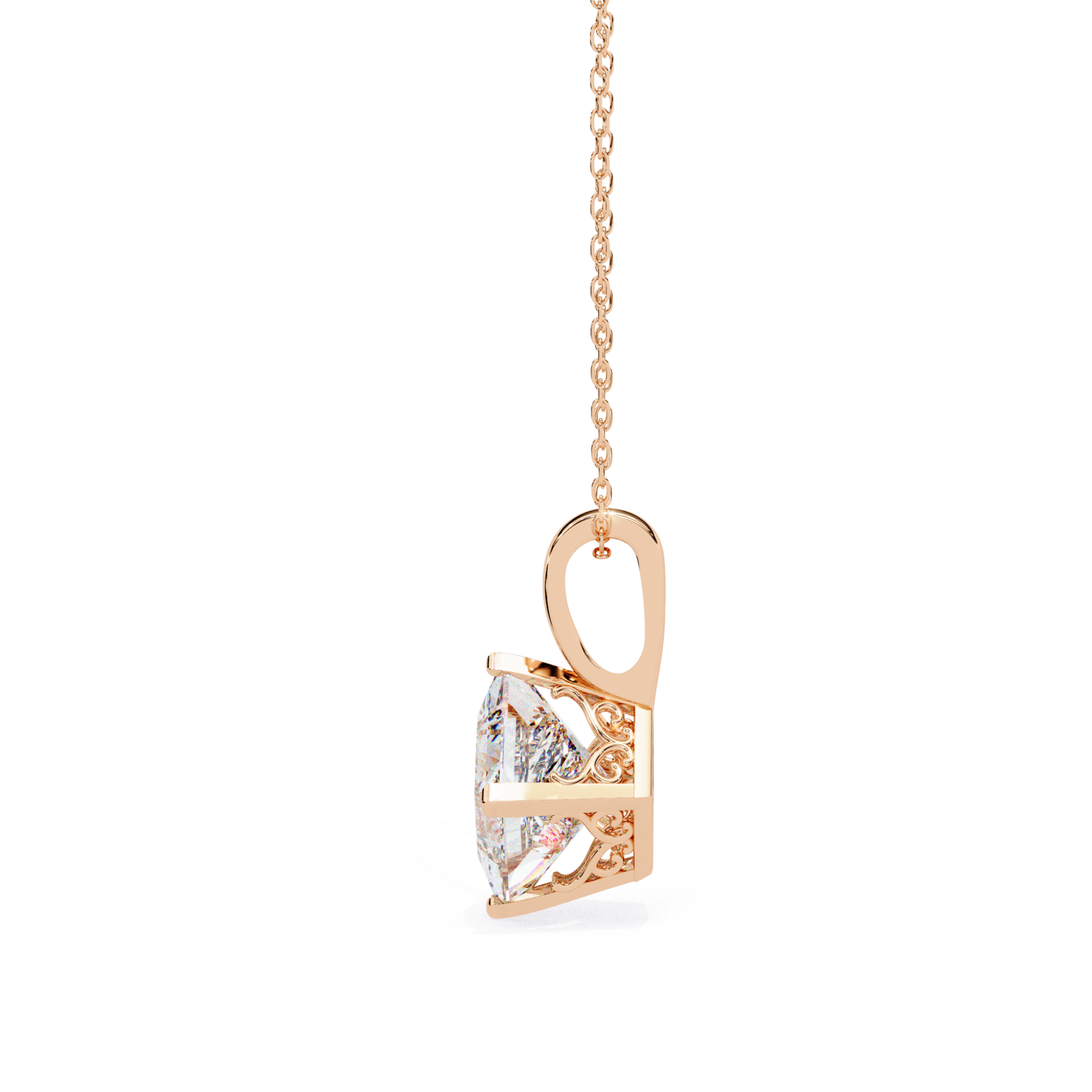 Side view of a rose gold pendant with a large diamond and chain.