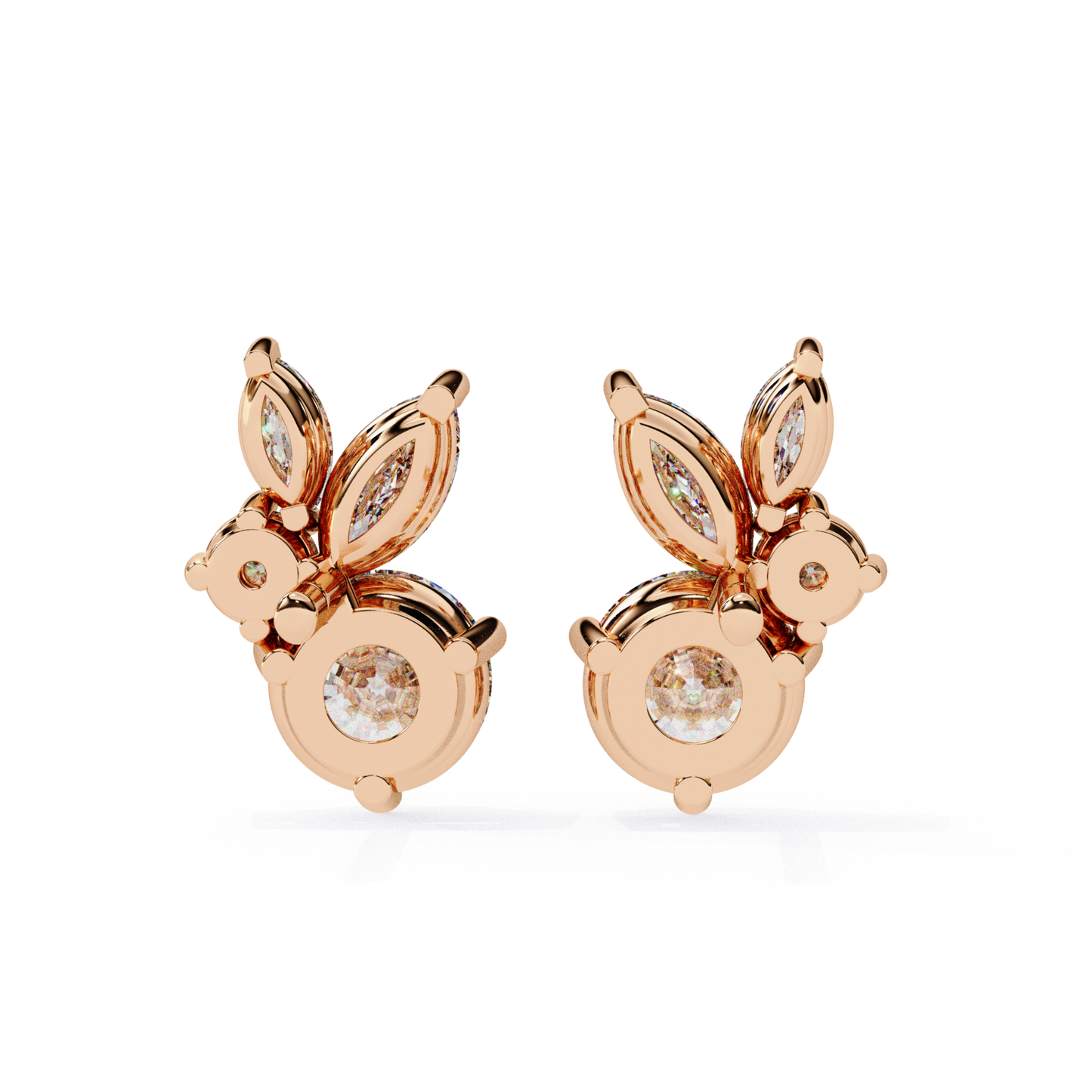 Elegant rose gold stud earrings with a sparkling round diamond at the center, complemented by marquise diamonds arranged in a petal design, creating a sophisticated and luxurious look.