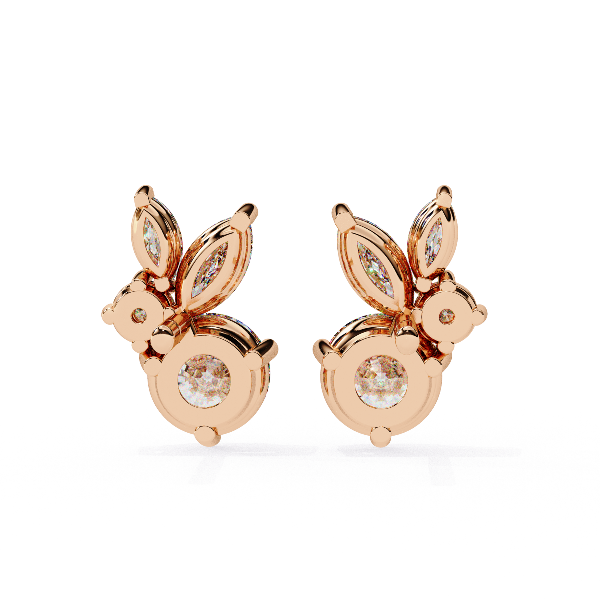 Elegant rose gold stud earrings with a sparkling round diamond at the center, complemented by marquise diamonds arranged in a petal design, creating a sophisticated and luxurious look.