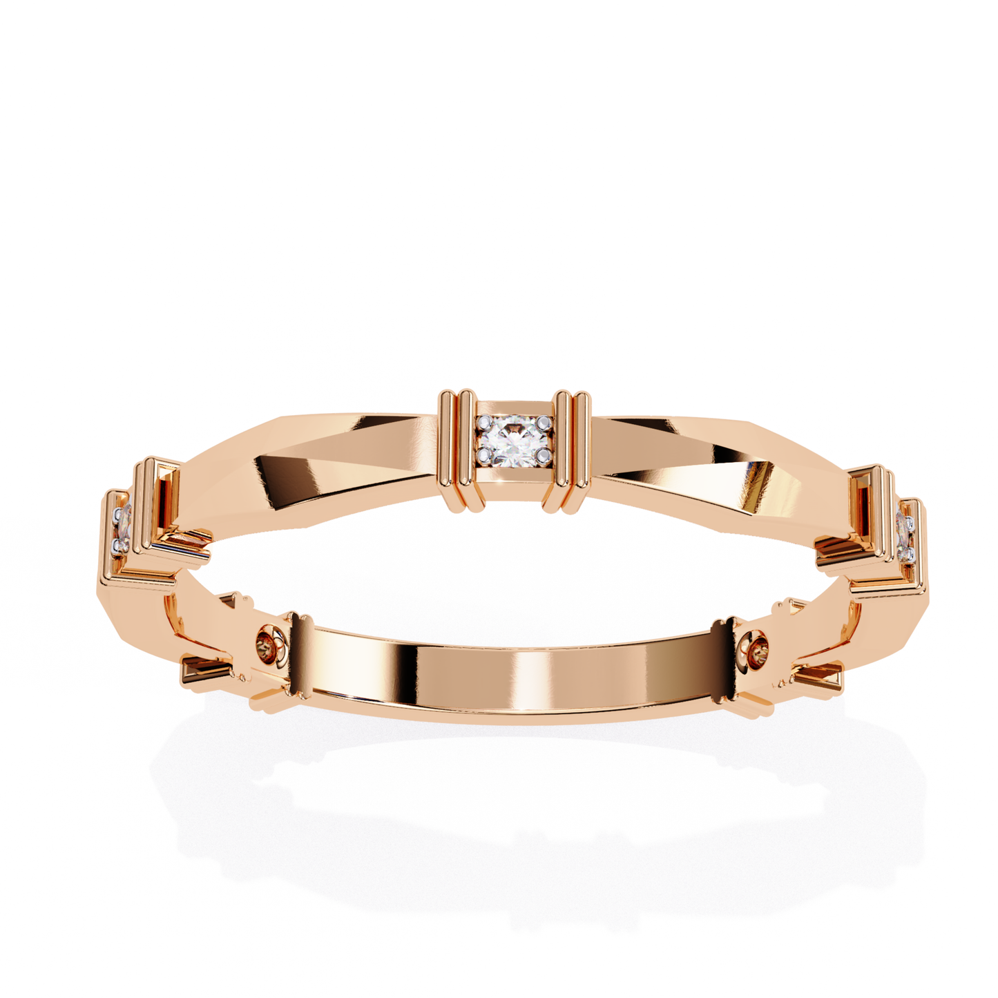 Elegant rose gold ring with round and baguette diamonds set in a modern angular design.