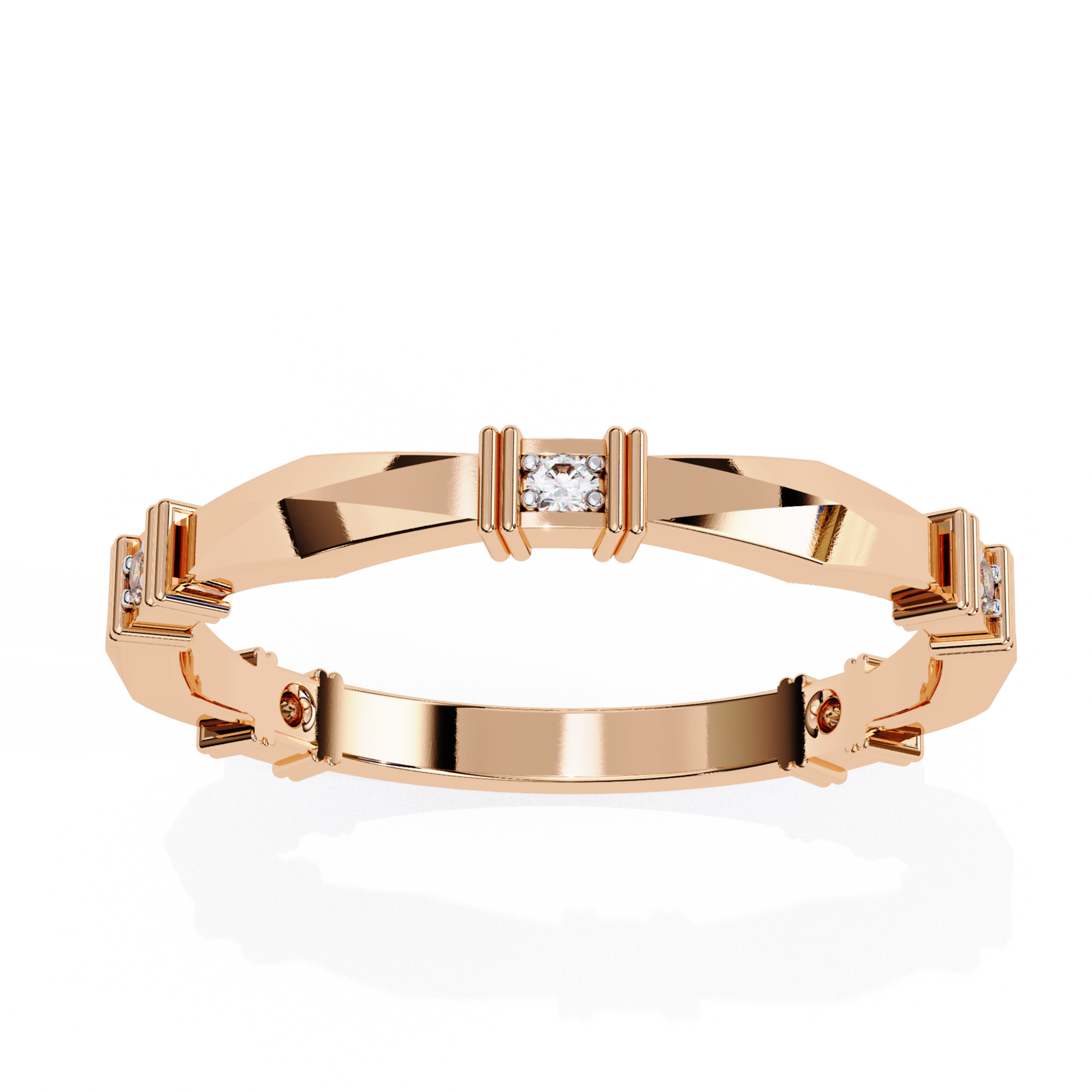Elegant rose gold ring with round and baguette diamonds set in a modern angular design.