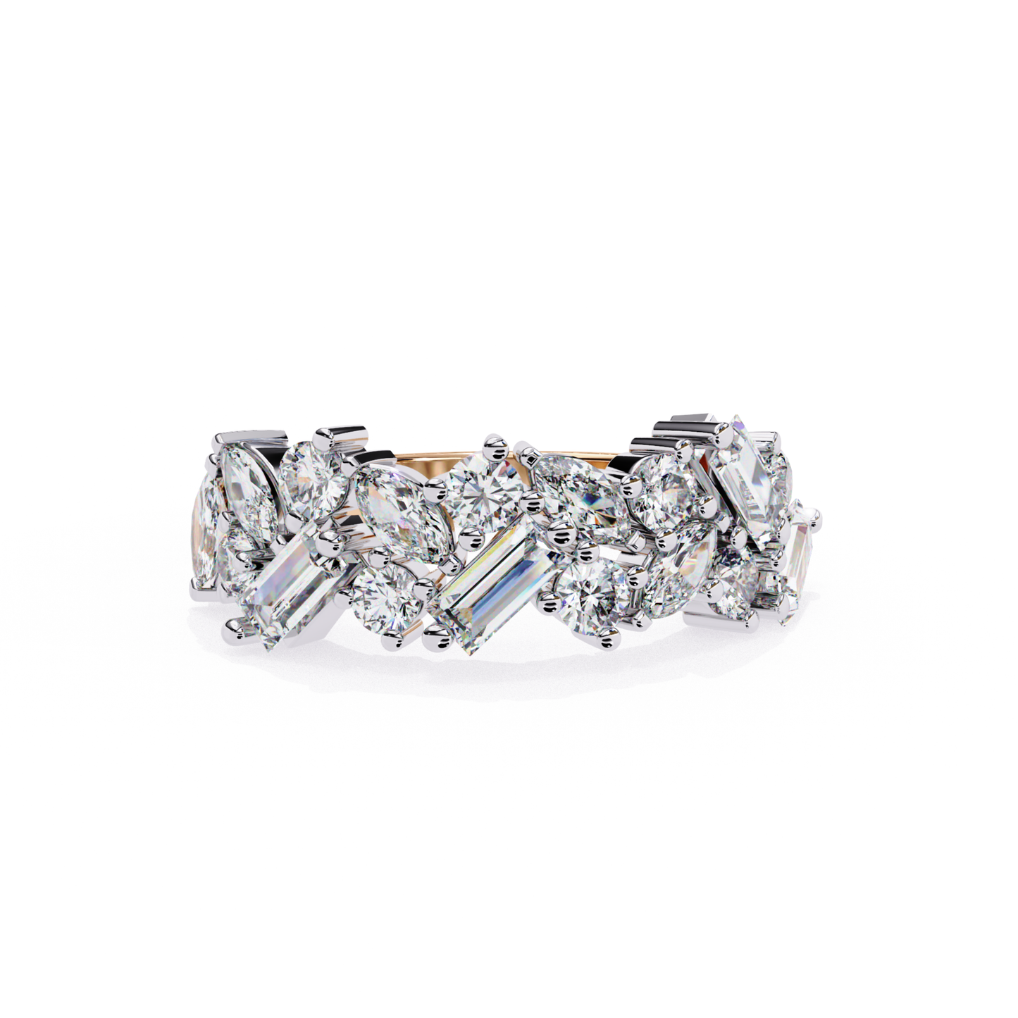 Top-down view of a rose gold band with alternating diamond cuts.