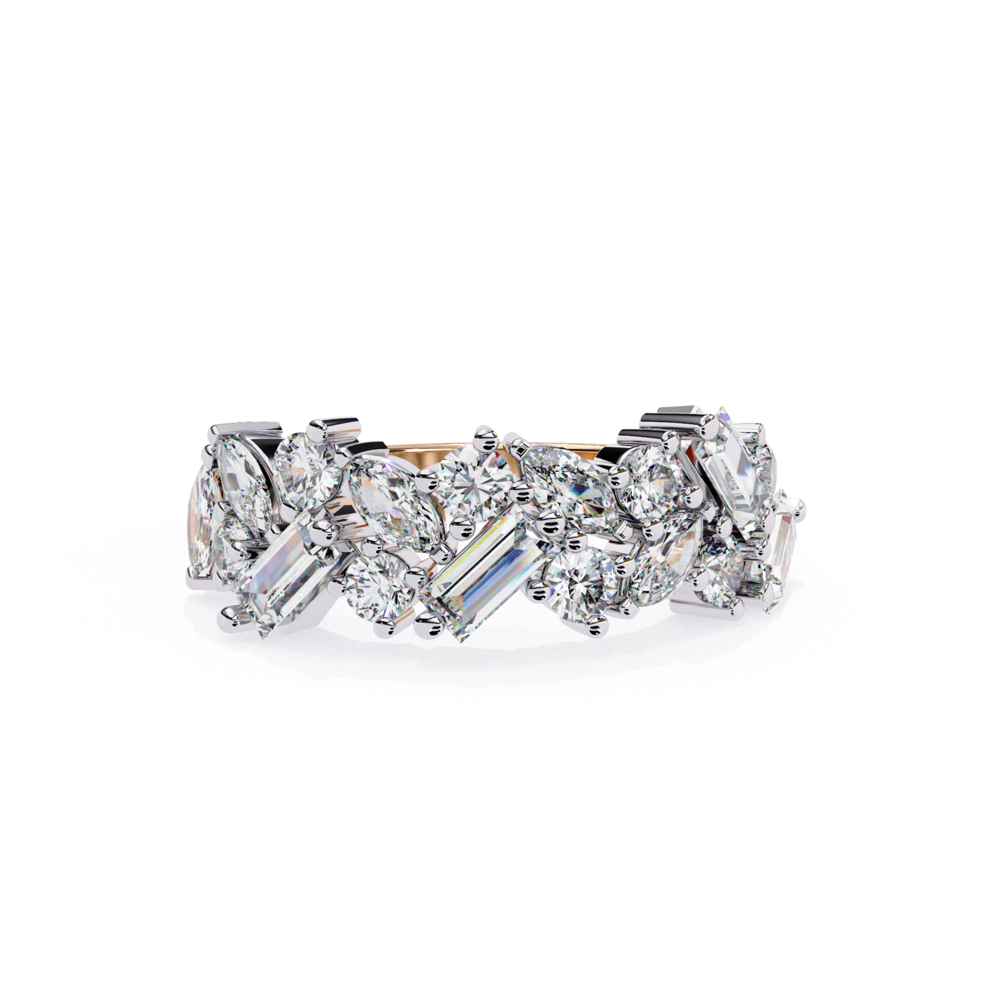 Top-down view of a rose gold band with alternating diamond cuts.