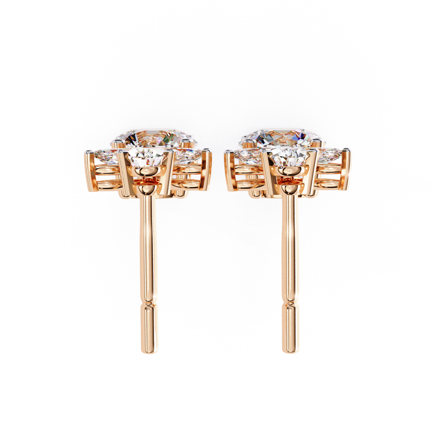 Charming rose gold stud earrings with a sparkling round diamond at the center, accented by a clean, minimalist setting for an elegant appearance.