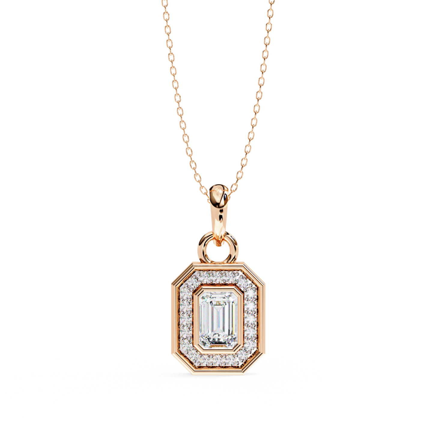 Rose gold pendant with an emerald cut diamond and a halo of smaller diamonds.