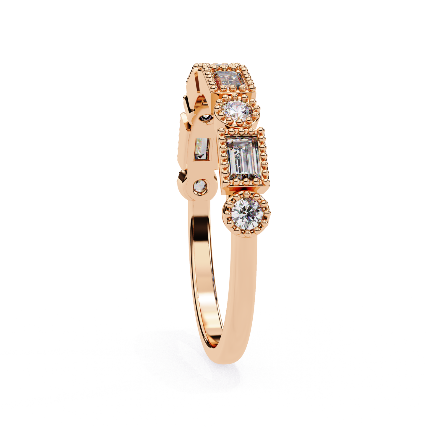 Rose Gold Ring With Diamond Geometric Stones Showing Diagonal Angle For Detailed View
