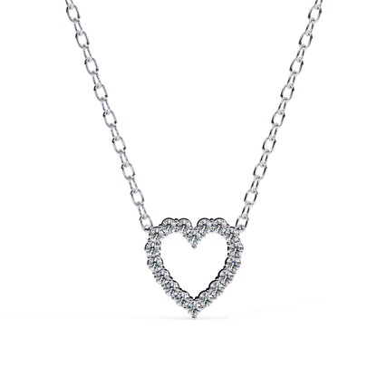 Heart-shaped diamond pendant necklace with a rose gold chain and diamonds outlining the heart.