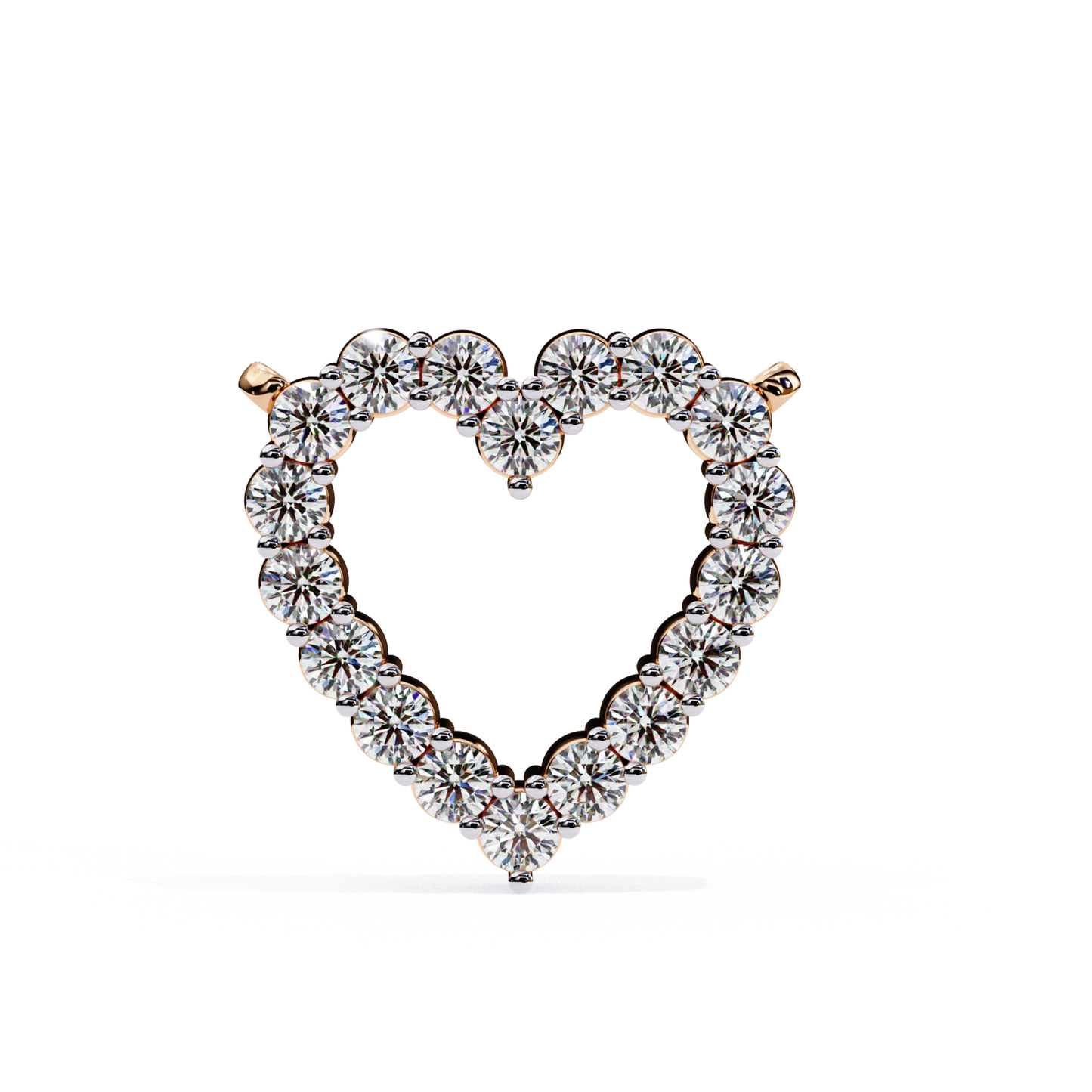  Heart-shaped diamond pendant with a rose gold band and round diamonds surrounding the heart.