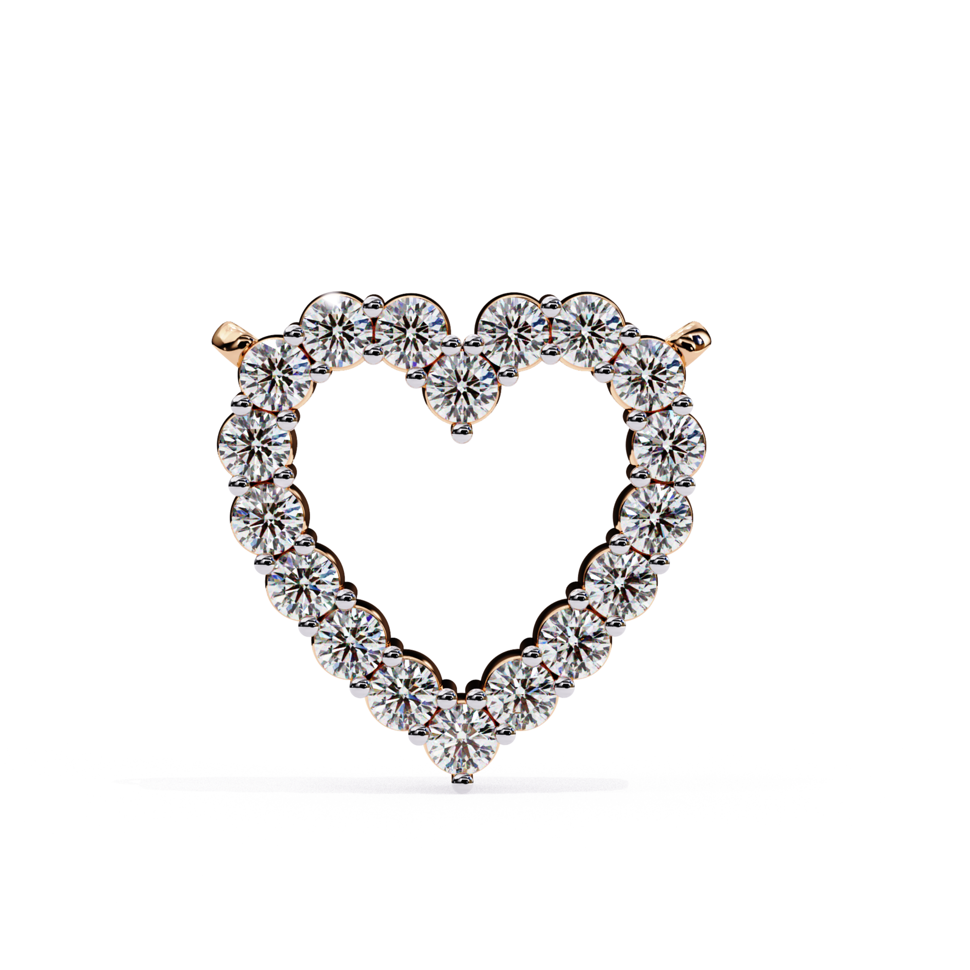  Heart-shaped diamond pendant with a rose gold band and round diamonds surrounding the heart.
