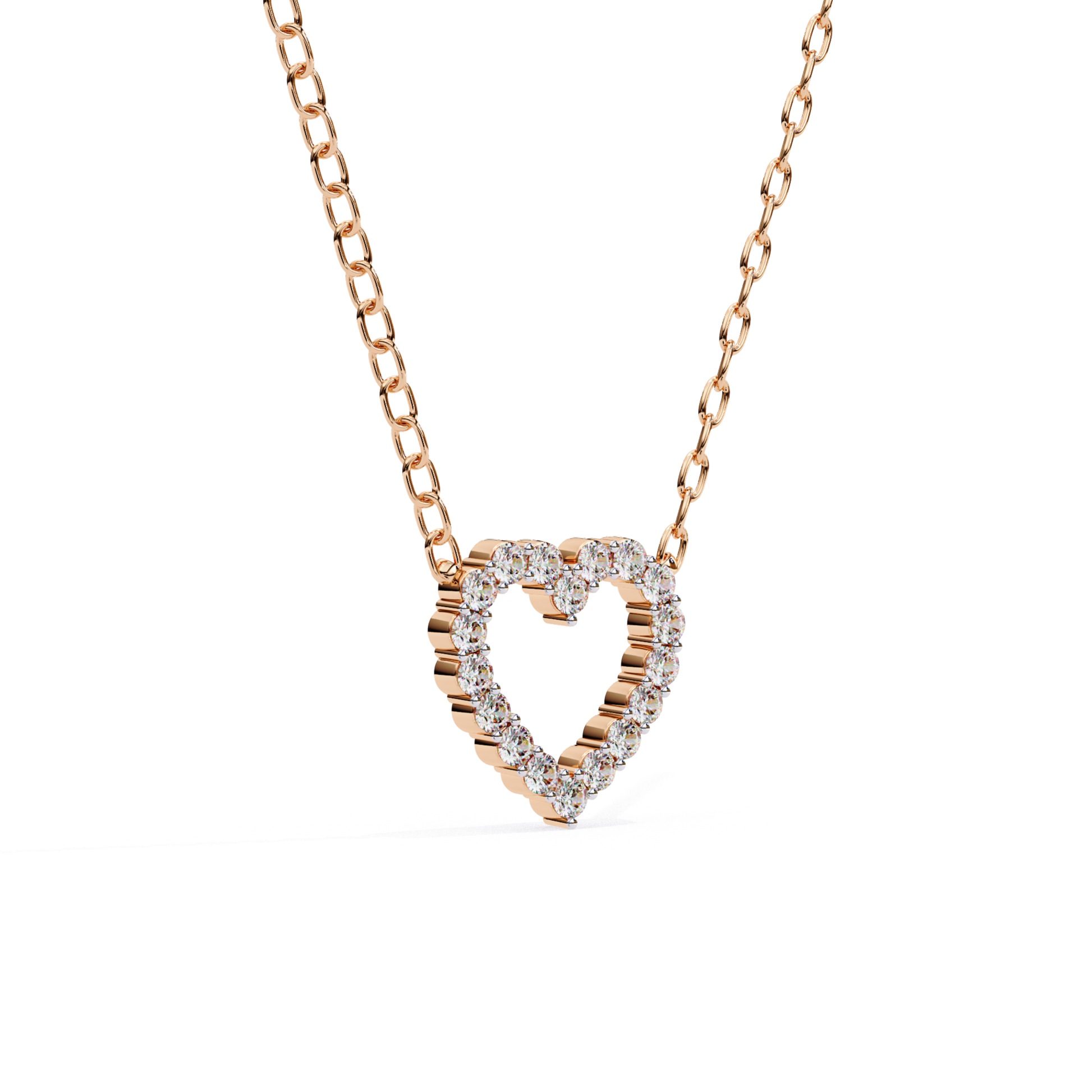 Heart-shaped diamond pendant necklace with a striated design in rose gold, featuring diamonds outlining the heart.