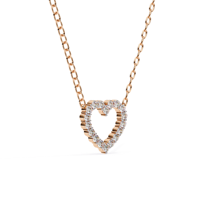 Heart-shaped diamond pendant necklace with a striated design in rose gold, featuring diamonds outlining the heart.