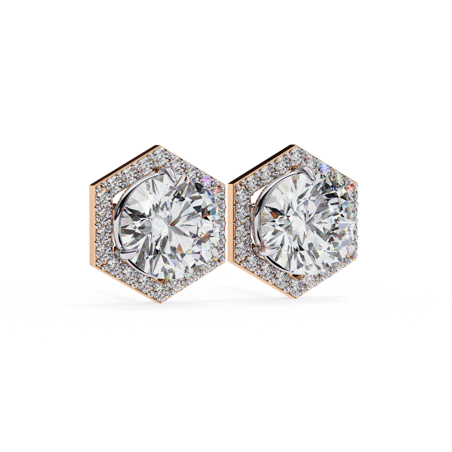 Elegant rose gold hexagonal earrings featuring a large round-cut diamond at the center, framed by a sparkling halo of smaller diamonds for a chic, sophisticated look.
