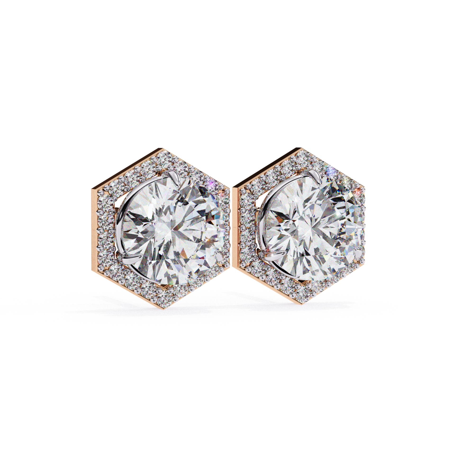 Elegant rose gold hexagonal earrings featuring a large round-cut diamond at the center, framed by a sparkling halo of smaller diamonds for a chic, sophisticated look.