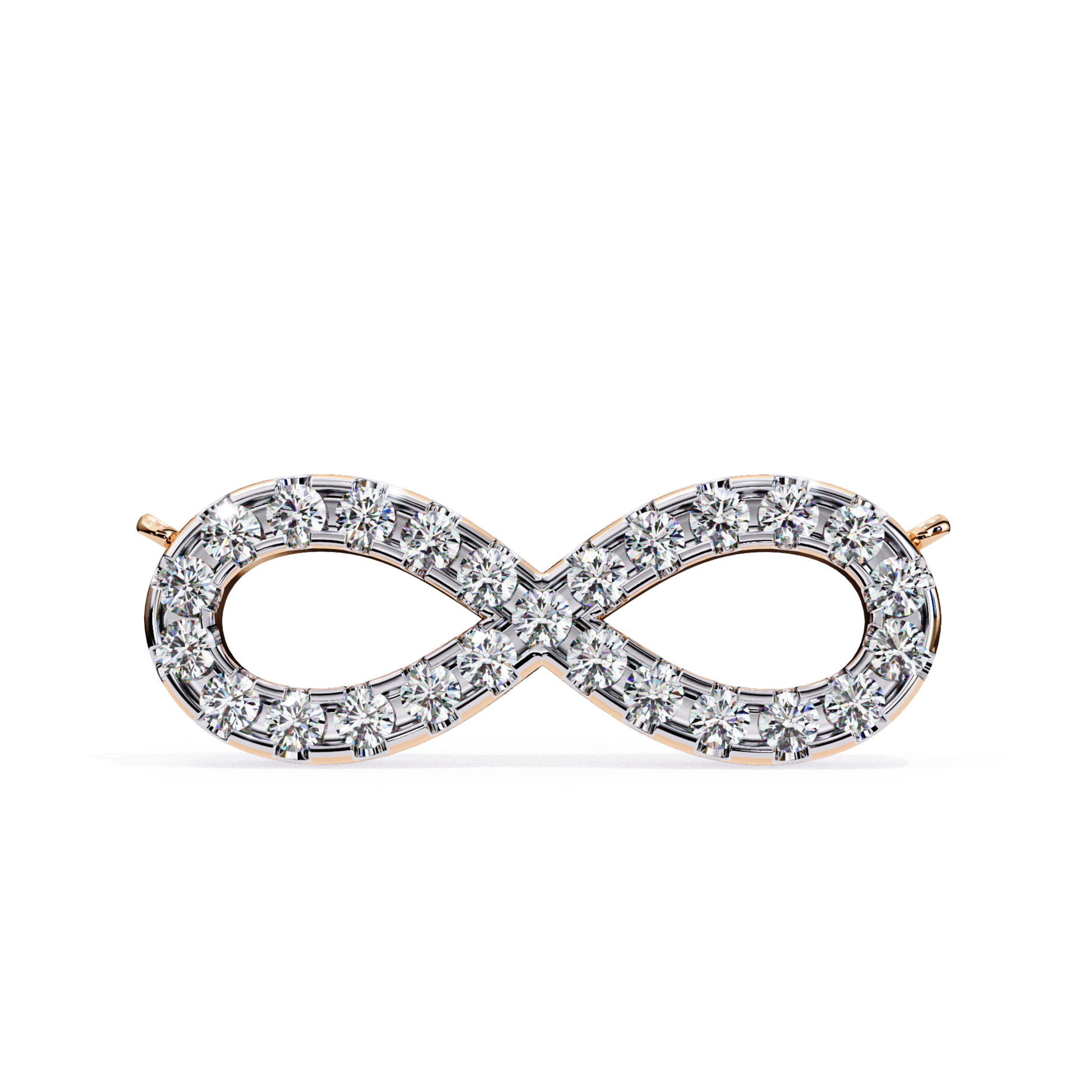 Rose gold infinity-shaped brooch featuring round diamonds arranged in a continuous loop.