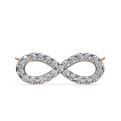 Rose gold infinity-shaped brooch featuring round diamonds arranged in a continuous loop.