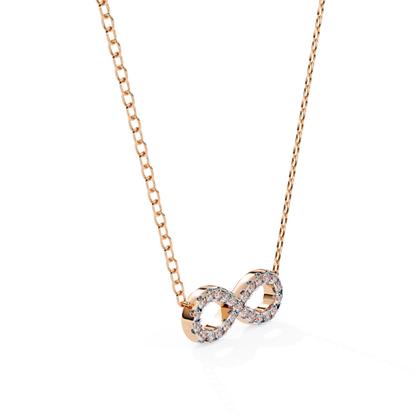 Rose gold necklace with a double infinity pendant, encrusted with round diamonds.