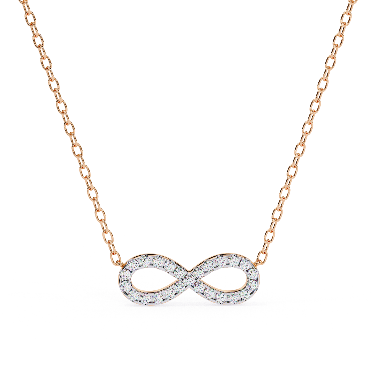 Rose gold necklace with an infinity-shaped pendant embellished with round diamonds.