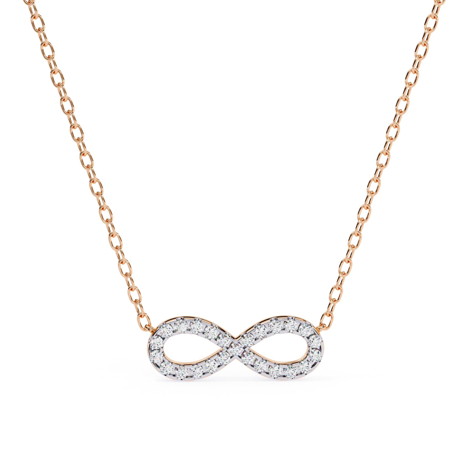 Rose gold necklace with an infinity-shaped pendant embellished with round diamonds.
