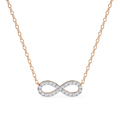 Rose gold necklace with an infinity-shaped pendant embellished with round diamonds.