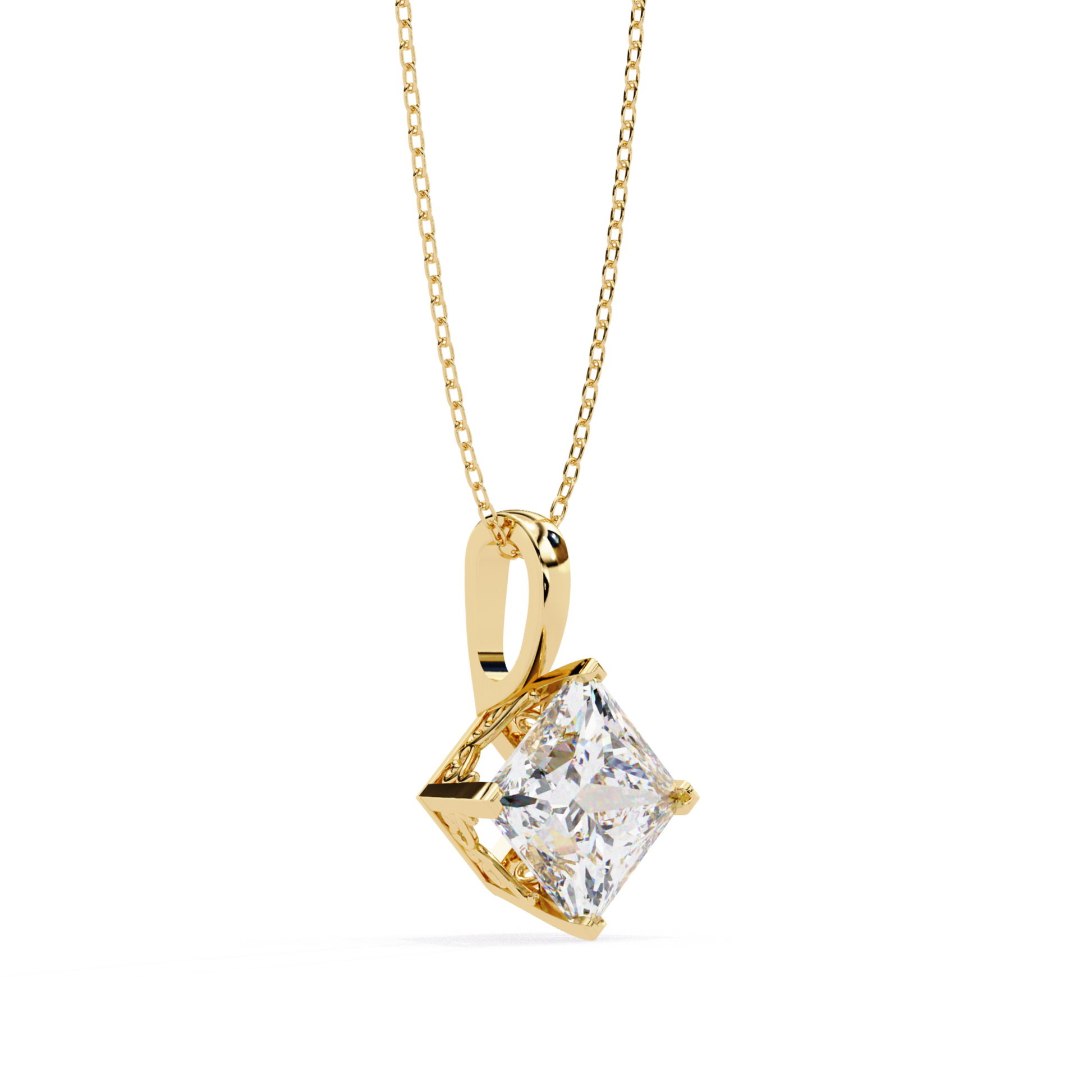 Angle view of a stunning gold pendant with a princess-cut diamond, attached to a matching chain