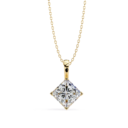 Rose gold pendant with a princess-cut diamond, secured in a four-prong setting, hanging on a delicate chain.