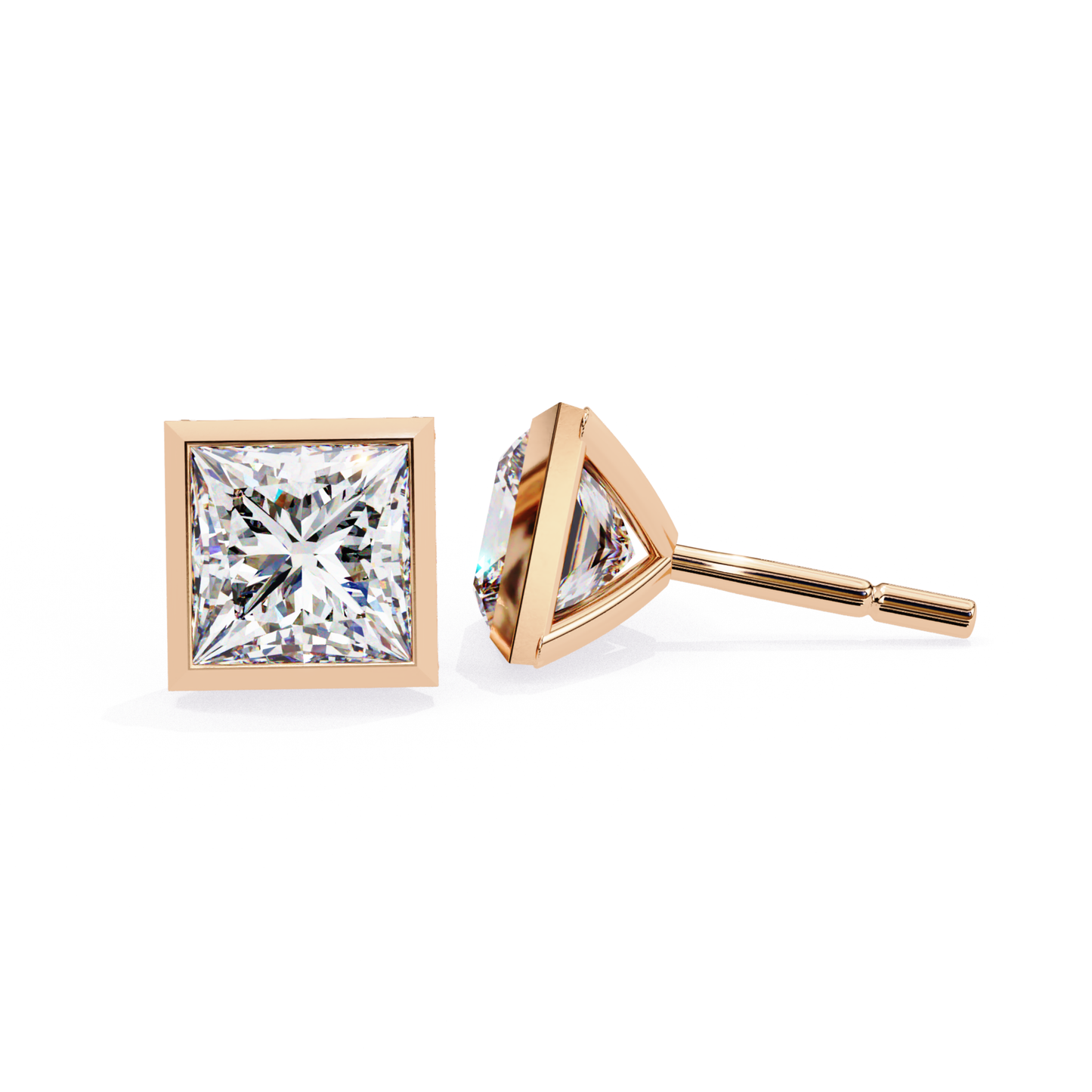 Charming rose gold stud earrings showcasing a dazzling princess-cut diamond, set in a square frame, offering a unique and stylish design.
