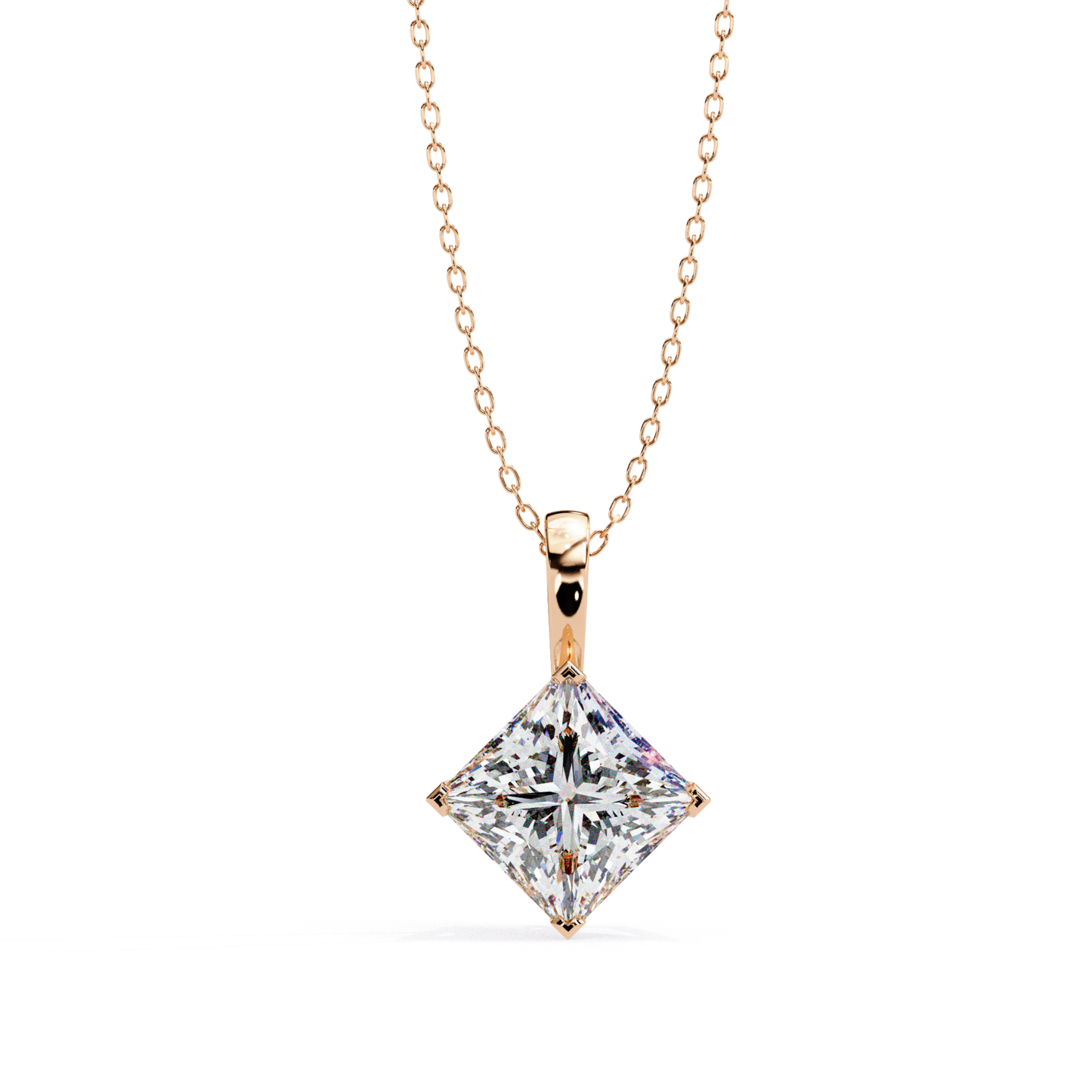 pendant with a princess-cut diamond in a four-prong setting, suspended on a fine chain for an elegant look.