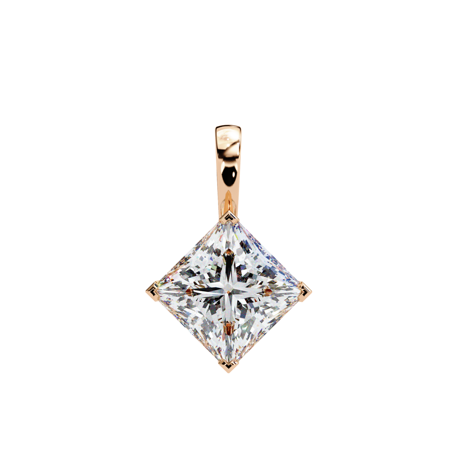Pyramid-shaped diamond pendant in rose gold, featuring a brilliant cut diamond.