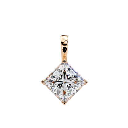 Pyramid-shaped diamond pendant in rose gold, featuring a brilliant cut diamond.