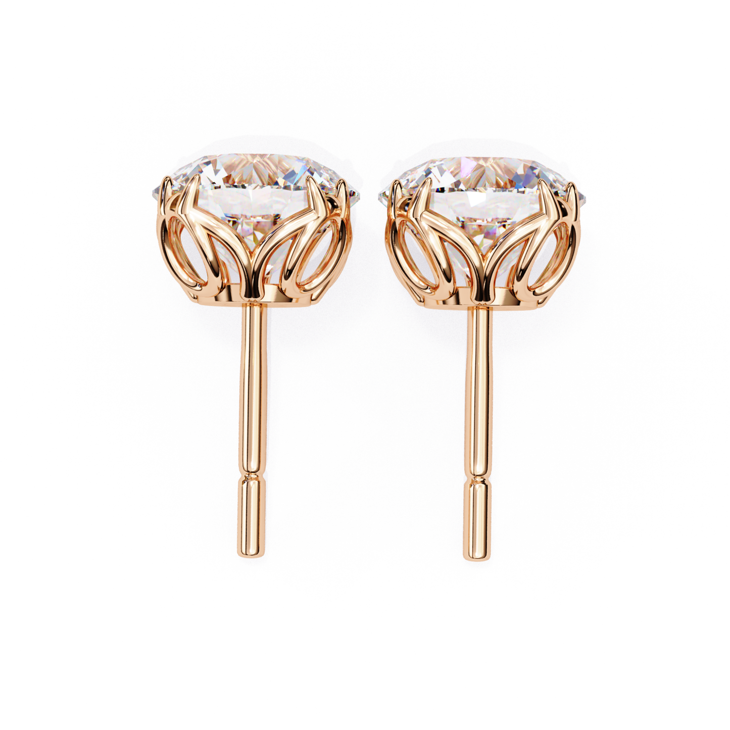 Rose gold round diamond stud earring showing basket setting