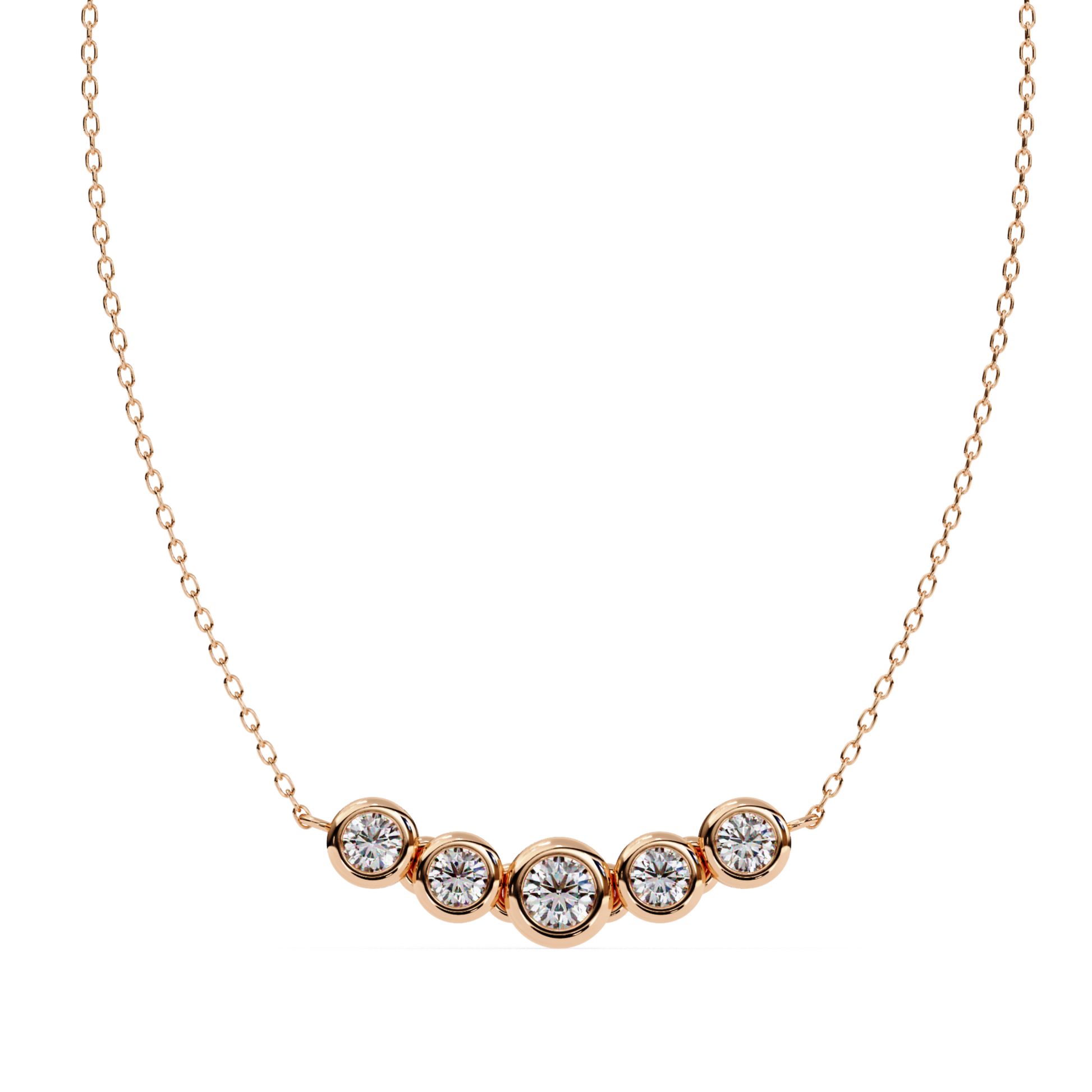 Round cut diamonds set in bezel joints on rose gold necklace