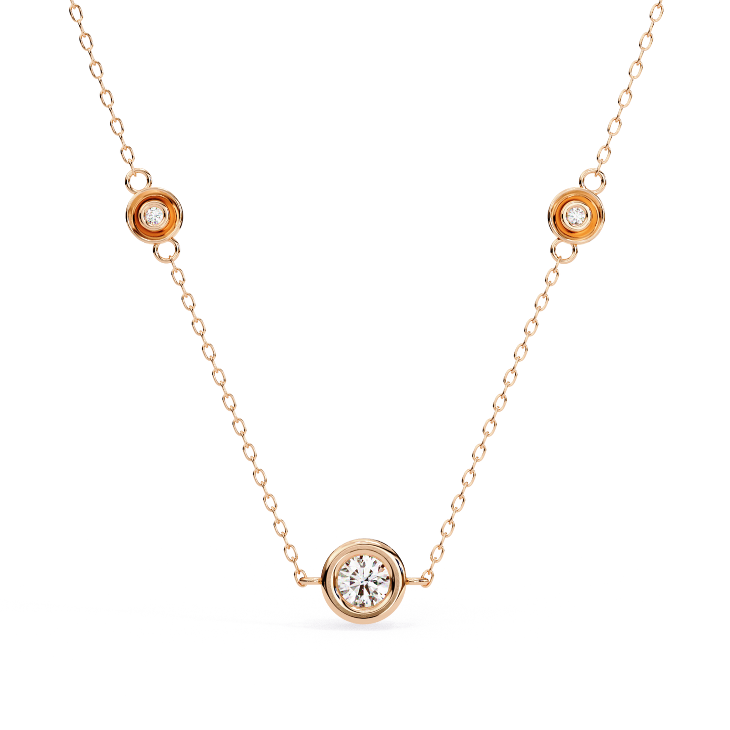 Rose gold station necklace with round bezel diamonds
